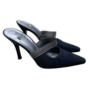 Stuart Weitzman Crystal Embellished Black Mule Pointed Toe SZ 8 Classic Heel EUC